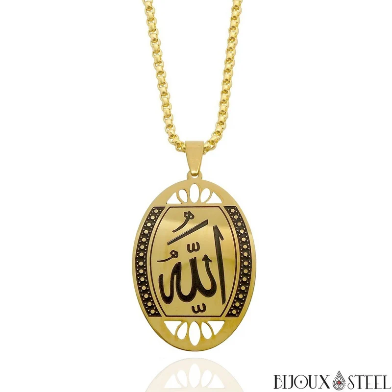 Collier à pendentif ovale Allah arabe en acier inoxydable