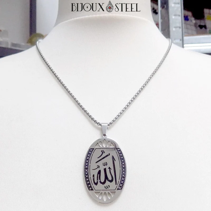 Collier à pendentif ovale Allah arabe en acier inoxydable