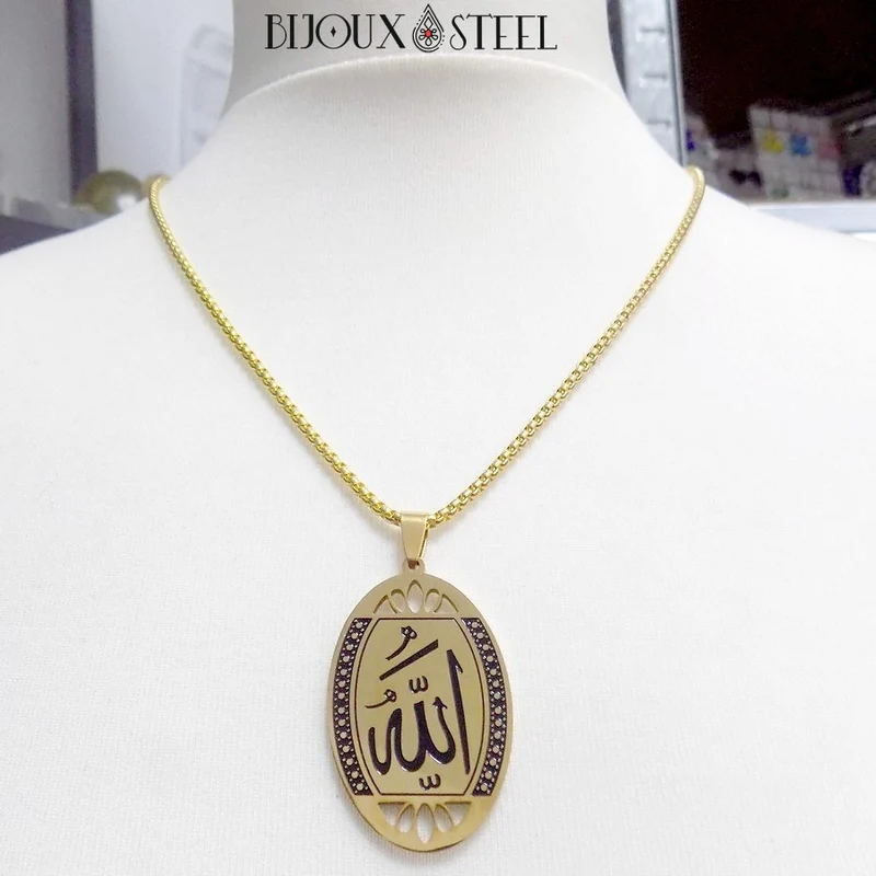Collier à pendentif ovale Allah arabe en acier inoxydable