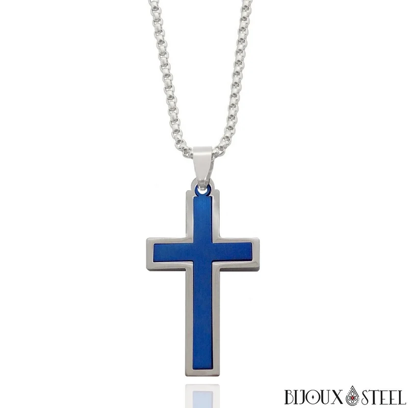 Collier à pendentif croix argentée et bleu électrique en acier inoxydable