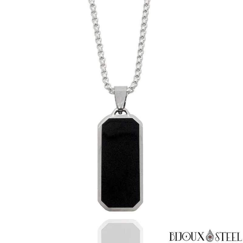 Collier à pendentif homme rectangle noir en acier inoxydable