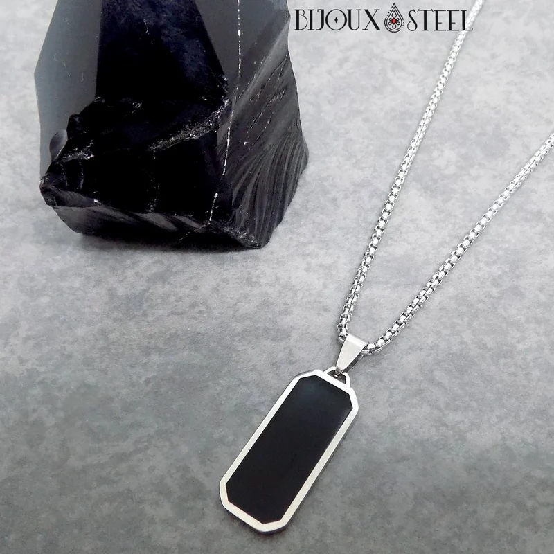 Collier à pendentif homme rectangle noir en acier inoxydable
