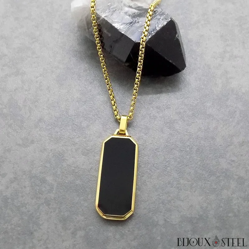 Collier à pendentif homme rectangle noir en acier inoxydable