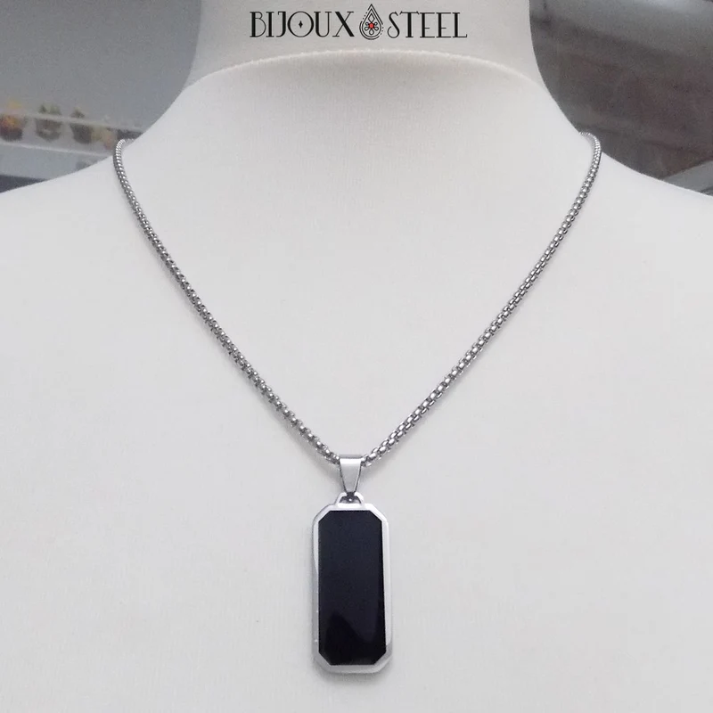Collier à pendentif homme rectangle noir en acier inoxydable