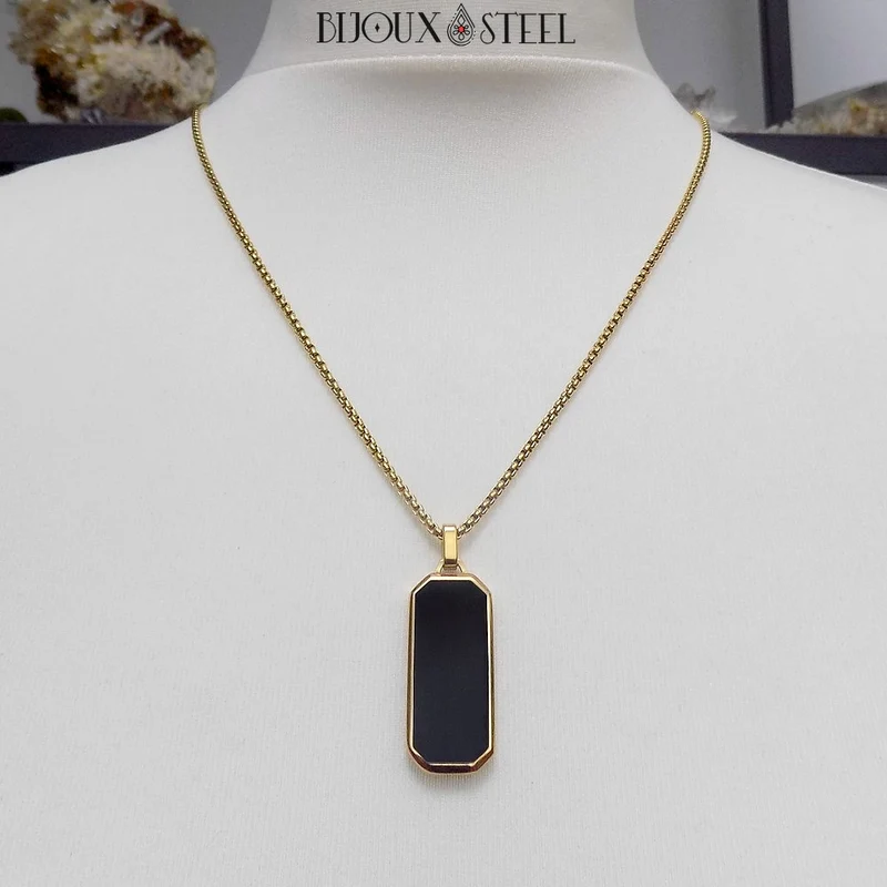 Collier à pendentif homme rectangle noir en acier inoxydable