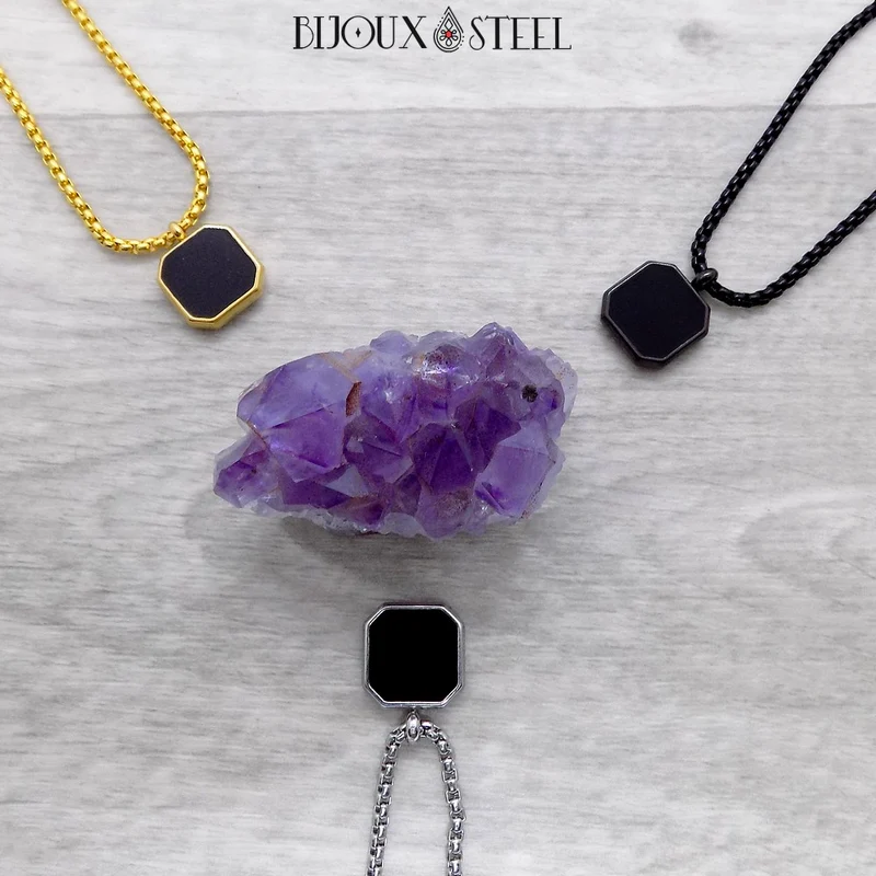 Collier carré noir homme en acier inoxydable