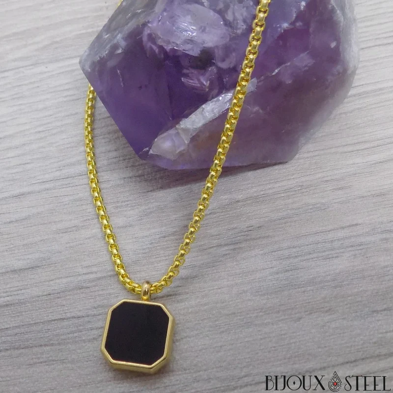 Collier carré noir homme en acier inoxydable
