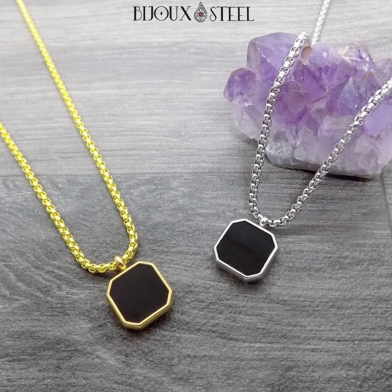 Collier carré noir homme en acier inoxydable