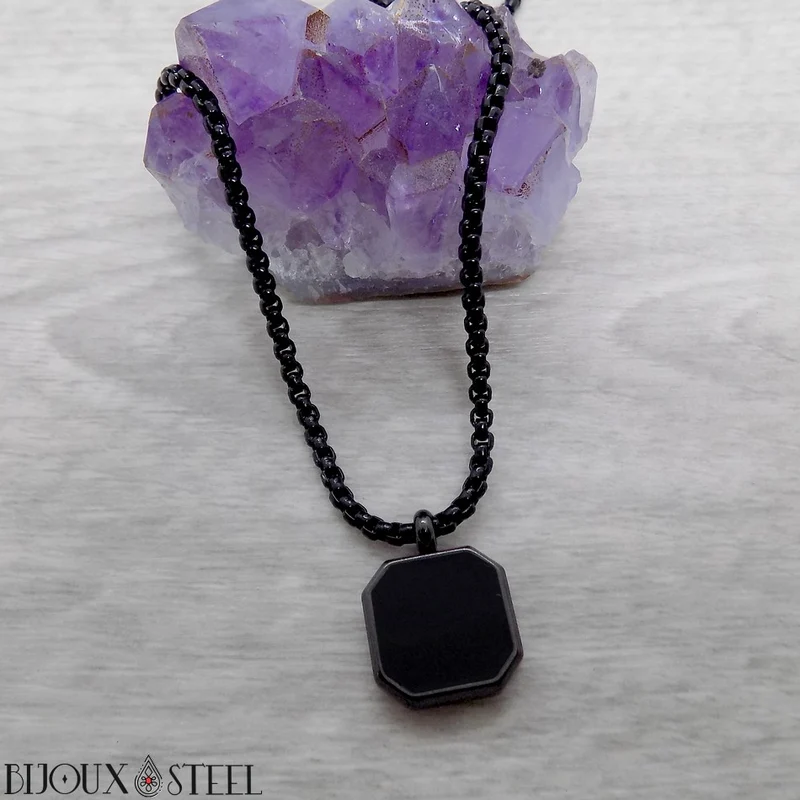Collier carré noir homme en acier inoxydable