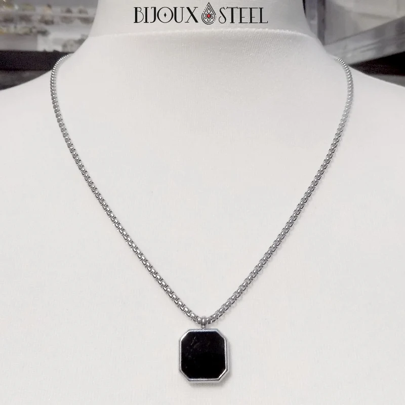 Collier carré noir homme en acier inoxydable