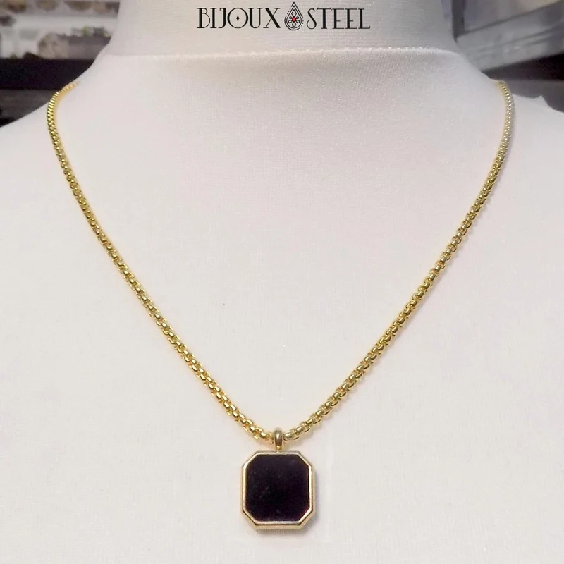 Collier carré noir homme en acier inoxydable
