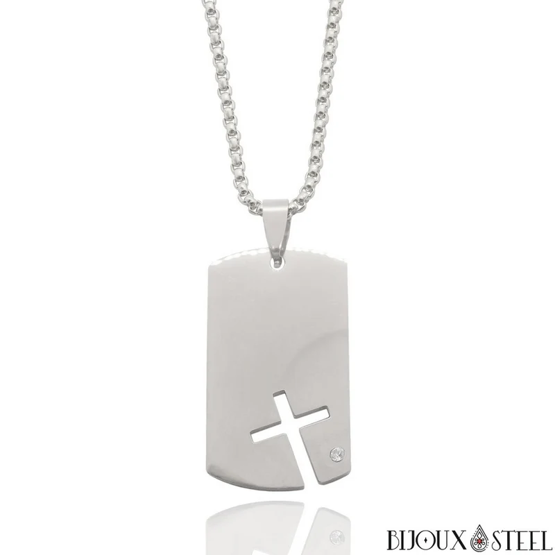 Collier à pendentif plaque militaire et croix acier inoxydable