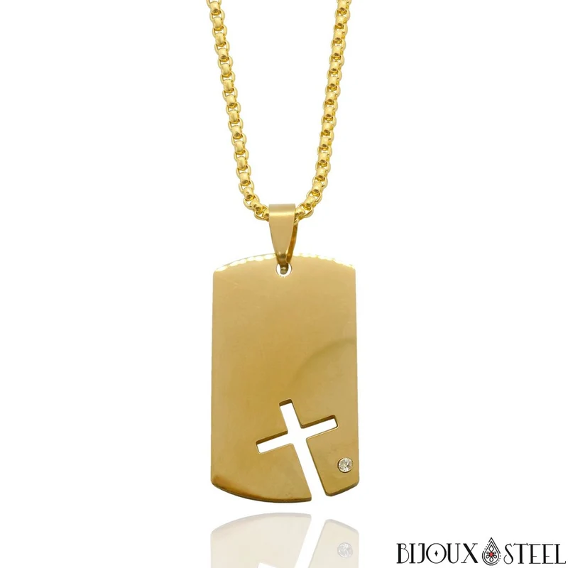 Collier à pendentif plaque militaire et croix acier inoxydable