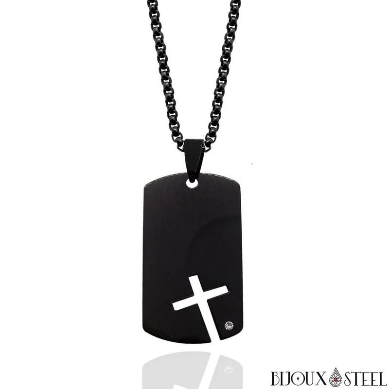 Collier à pendentif plaque militaire et croix acier inoxydable