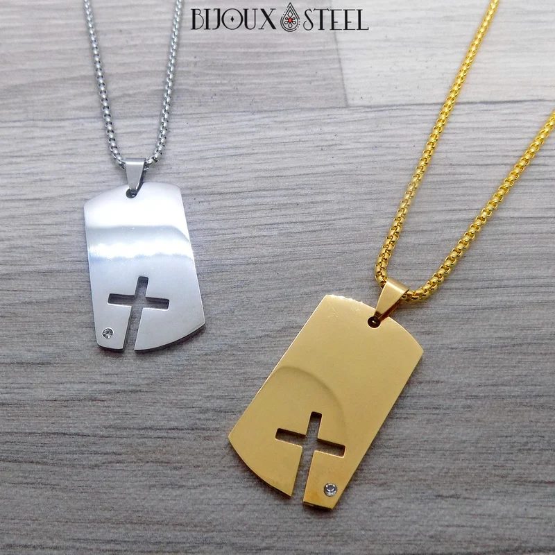 Collier à pendentif plaque militaire et croix acier inoxydable
