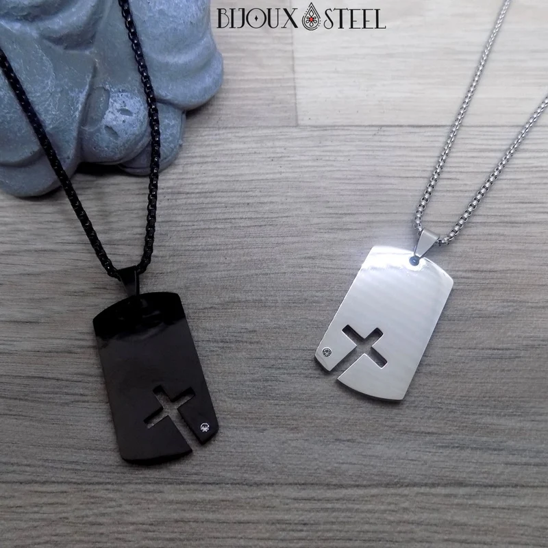 Collier à pendentif plaque militaire et croix acier inoxydable