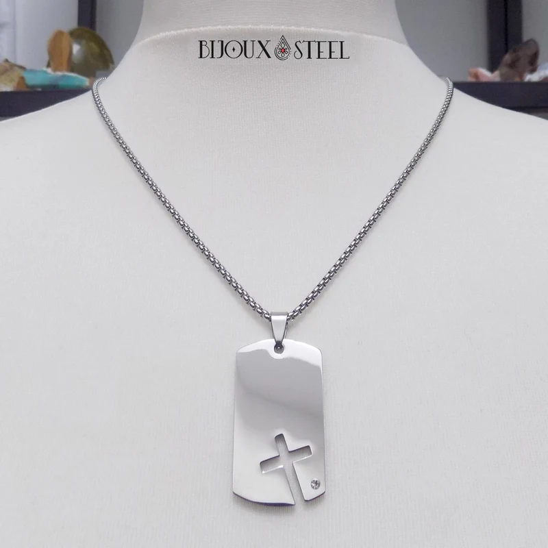 Collier à pendentif plaque militaire et croix acier inoxydable
