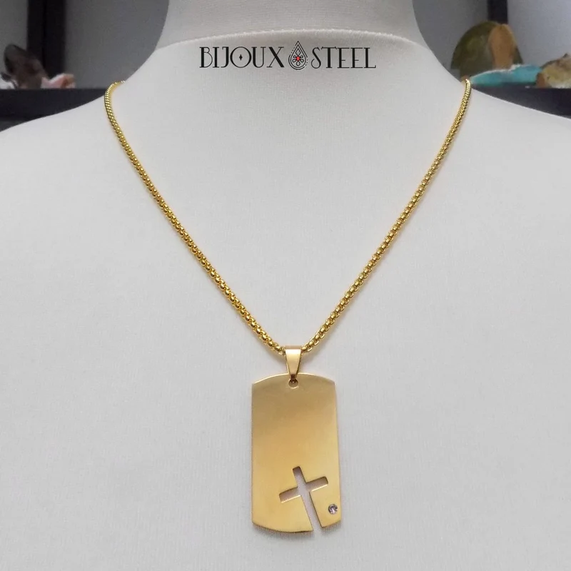 Collier à pendentif plaque militaire et croix acier inoxydable