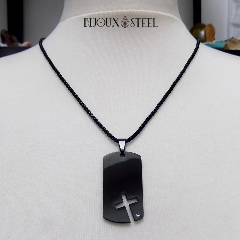 Collier à pendentif plaque militaire et croix acier inoxydable