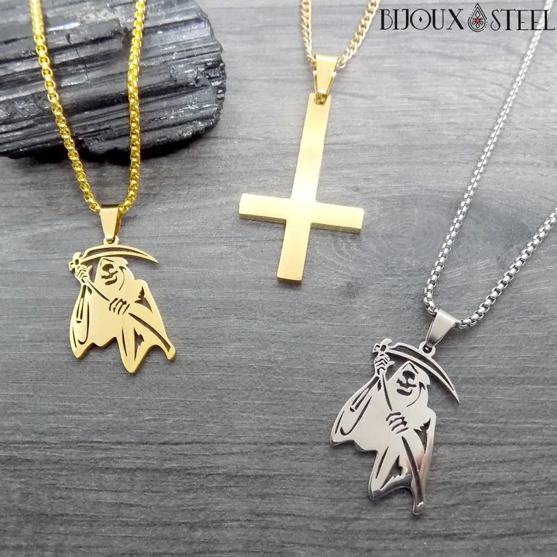 Collier à pendentif la Faucheuse en acier inoxydable