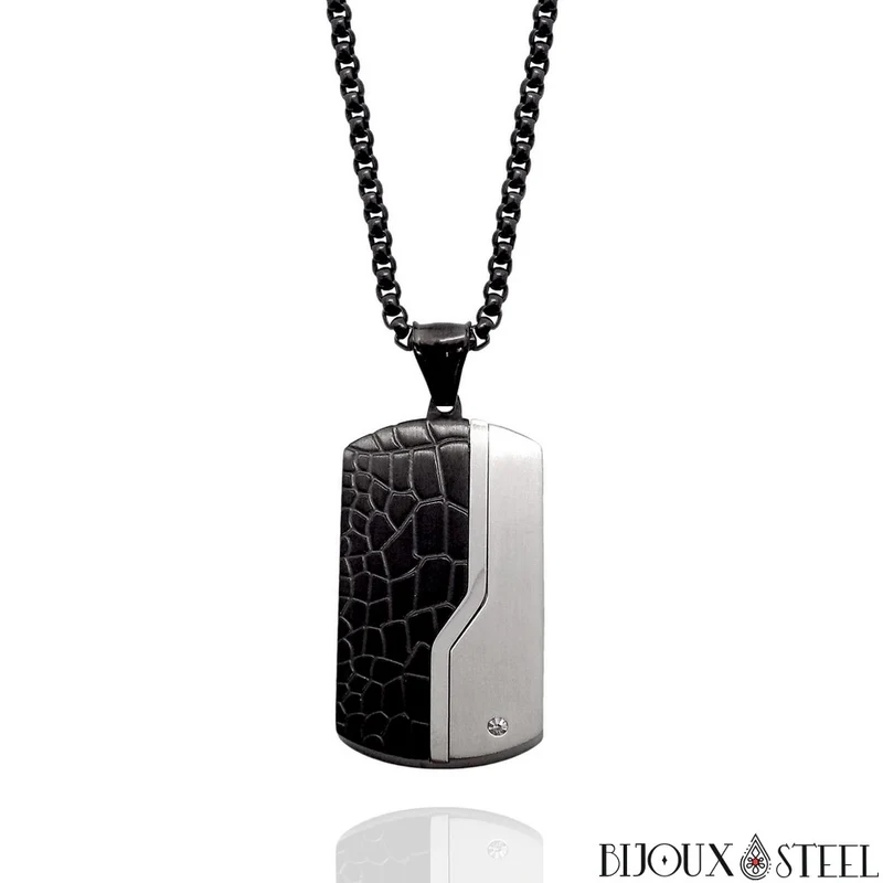 Collier à pendentif plaque noire et argentée et acier inoxydable