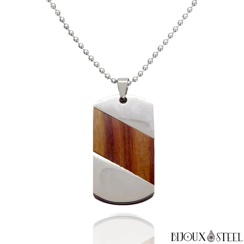 Collier à pendentif plaque en bois et acier inoxydable