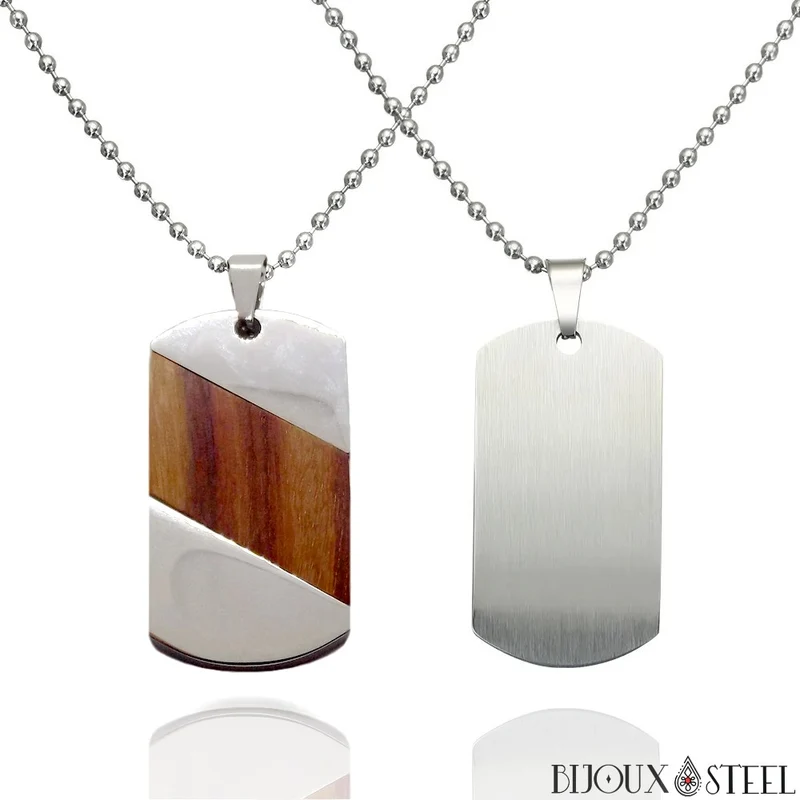 Collier à pendentif plaque en bois et acier inoxydable