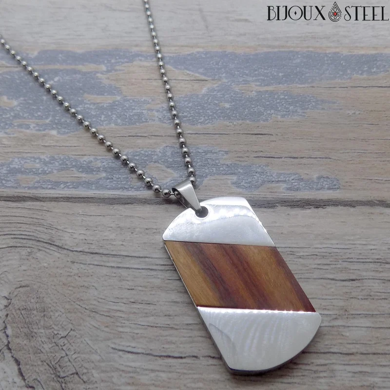Collier à pendentif plaque en bois et acier inoxydable