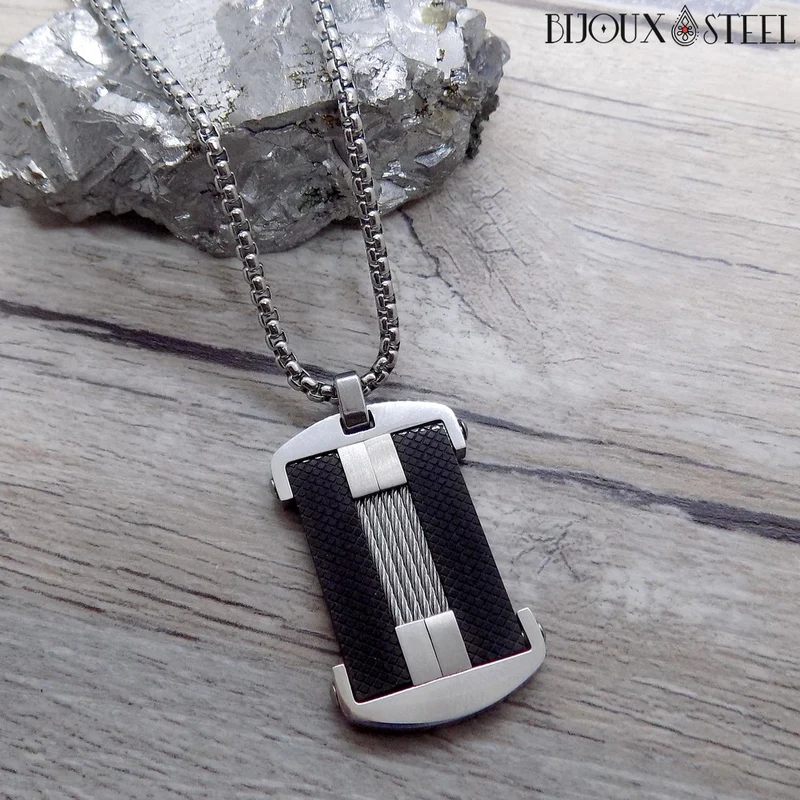 Collier homme fibre de carbone et acier inoxydable