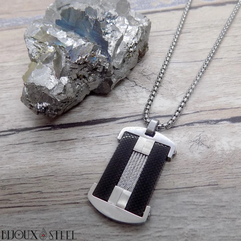 Collier homme fibre de carbone et acier inoxydable
