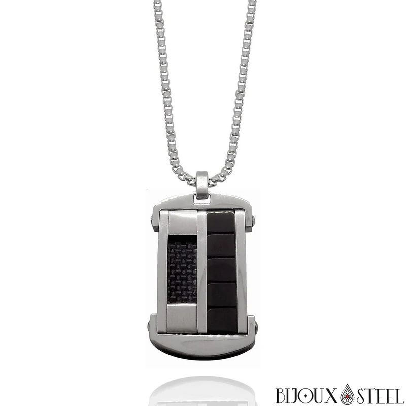 Collier homme argenté et fibre de carbone en acier inoxydable