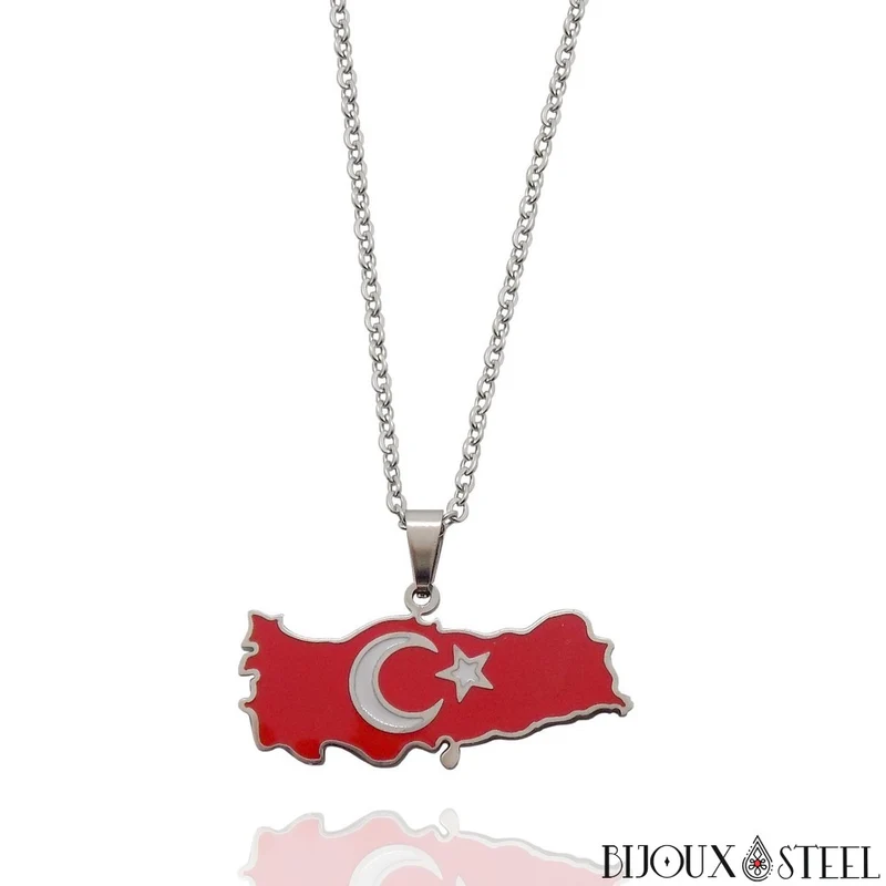 Collier à pendentif carte de la Turquie en acier inoxydable