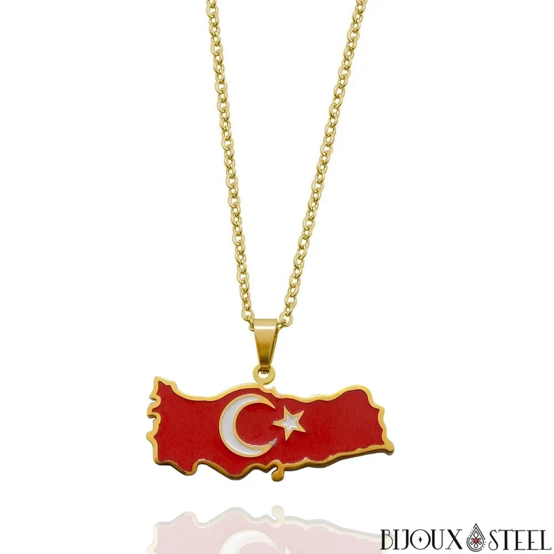 Collier à pendentif carte de la Turquie en acier inoxydable