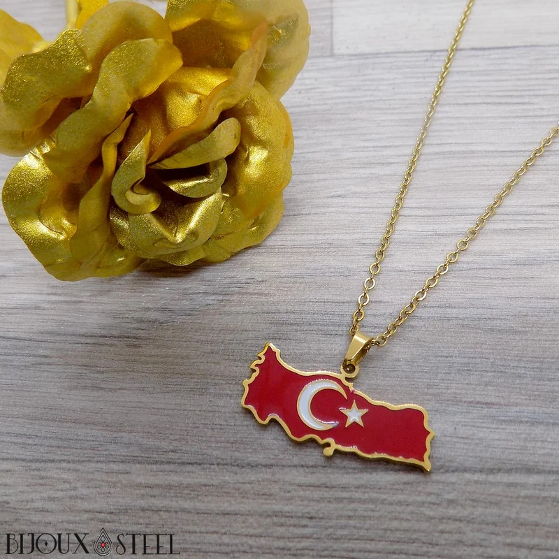 Collier à pendentif carte de la Turquie en acier inoxydable