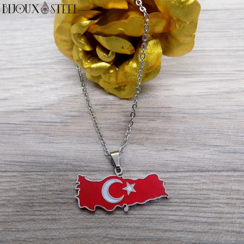 Collier à pendentif carte de la Turquie en acier inoxydable