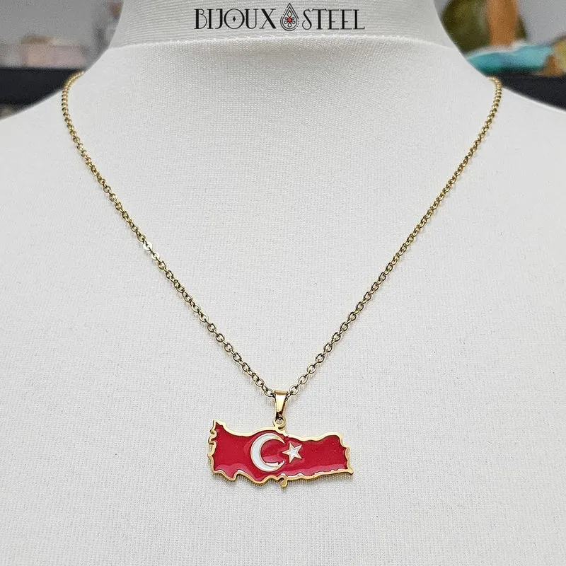 Collier à pendentif carte de la Turquie en acier inoxydable