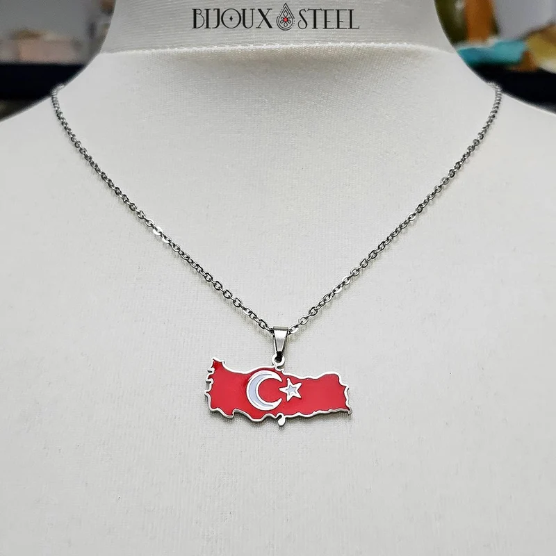 Collier à pendentif carte de la Turquie en acier inoxydable