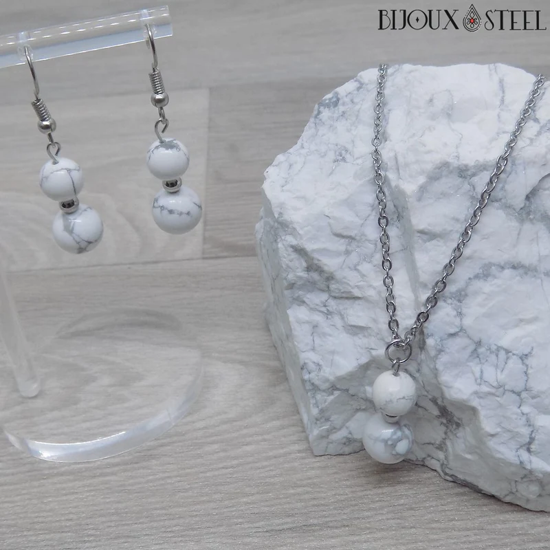 Parure howlite en pierre naturelle et acier inoxydable
