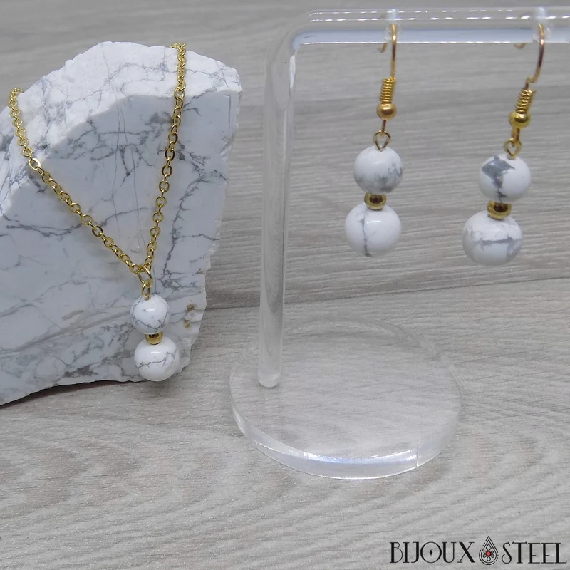Parure howlite en pierre naturelle et acier inoxydable