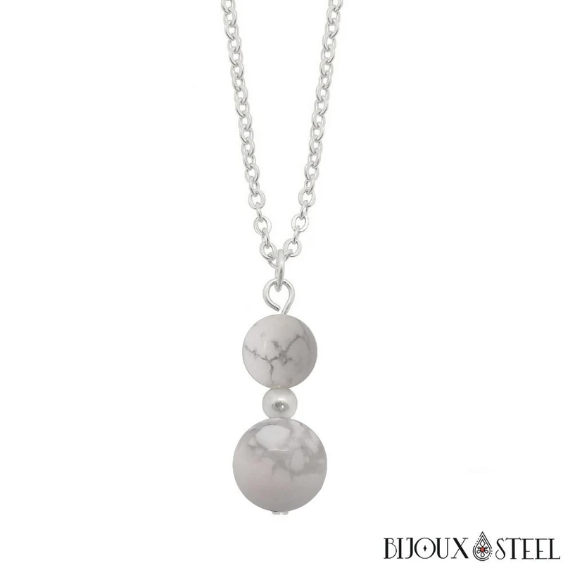 Collier à pendentif deux perles en pierre d'howlite