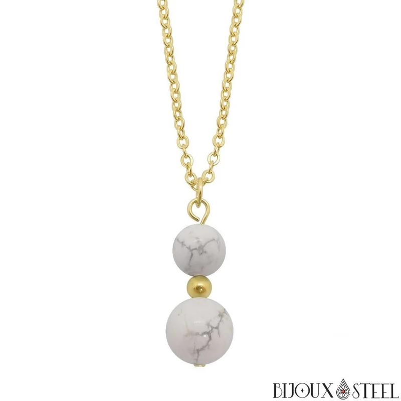 Collier à pendentif deux perles en pierre d'howlite
