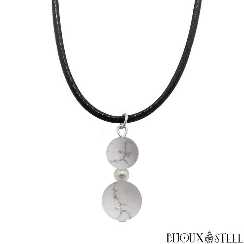 Collier à pendentif deux perles en pierre d'howlite