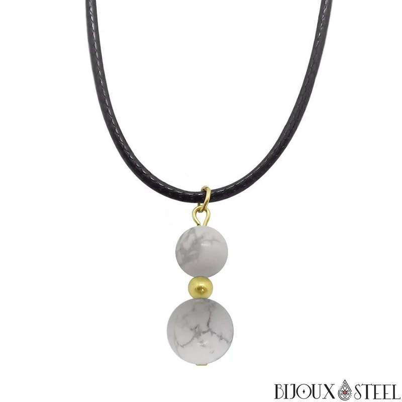Collier à pendentif deux perles en pierre d'howlite