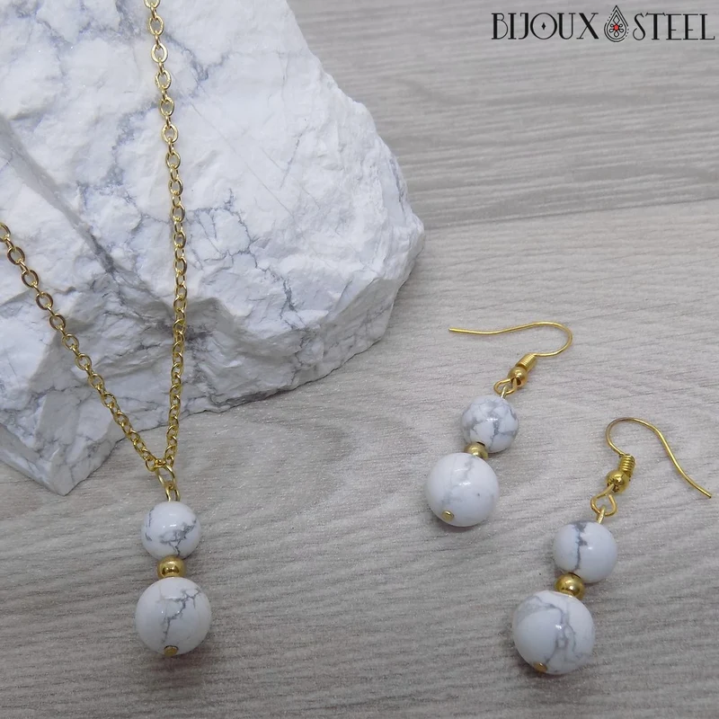 Collier à pendentif deux perles en pierre d'howlite