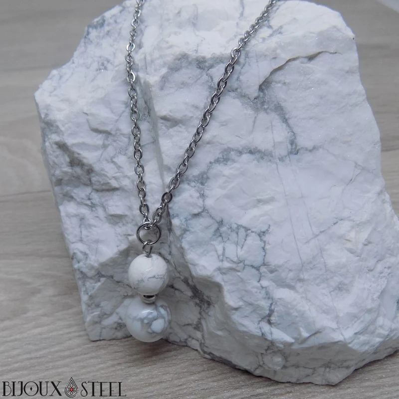 Collier à pendentif deux perles en pierre d'howlite