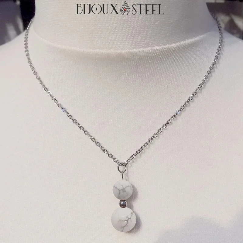 Collier à pendentif deux perles en pierre d'howlite