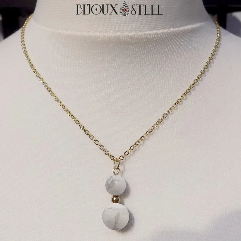 Collier à pendentif deux perles en pierre d'howlite