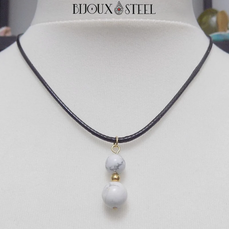 Collier à pendentif deux perles en pierre d'howlite