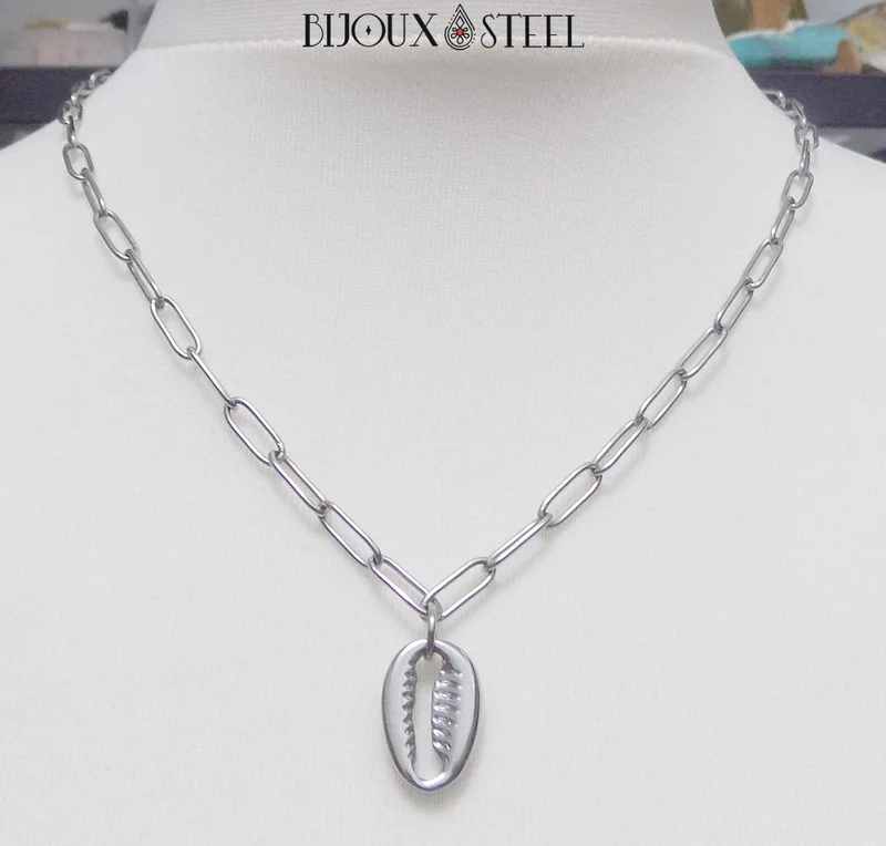 Collier chaîne trombone à pendentif cauri en acier inoxydable