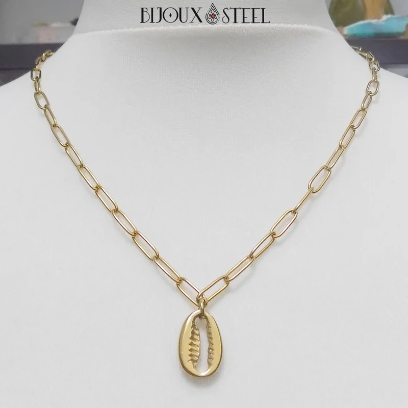Collier chaîne trombone à pendentif cauri en acier inoxydable